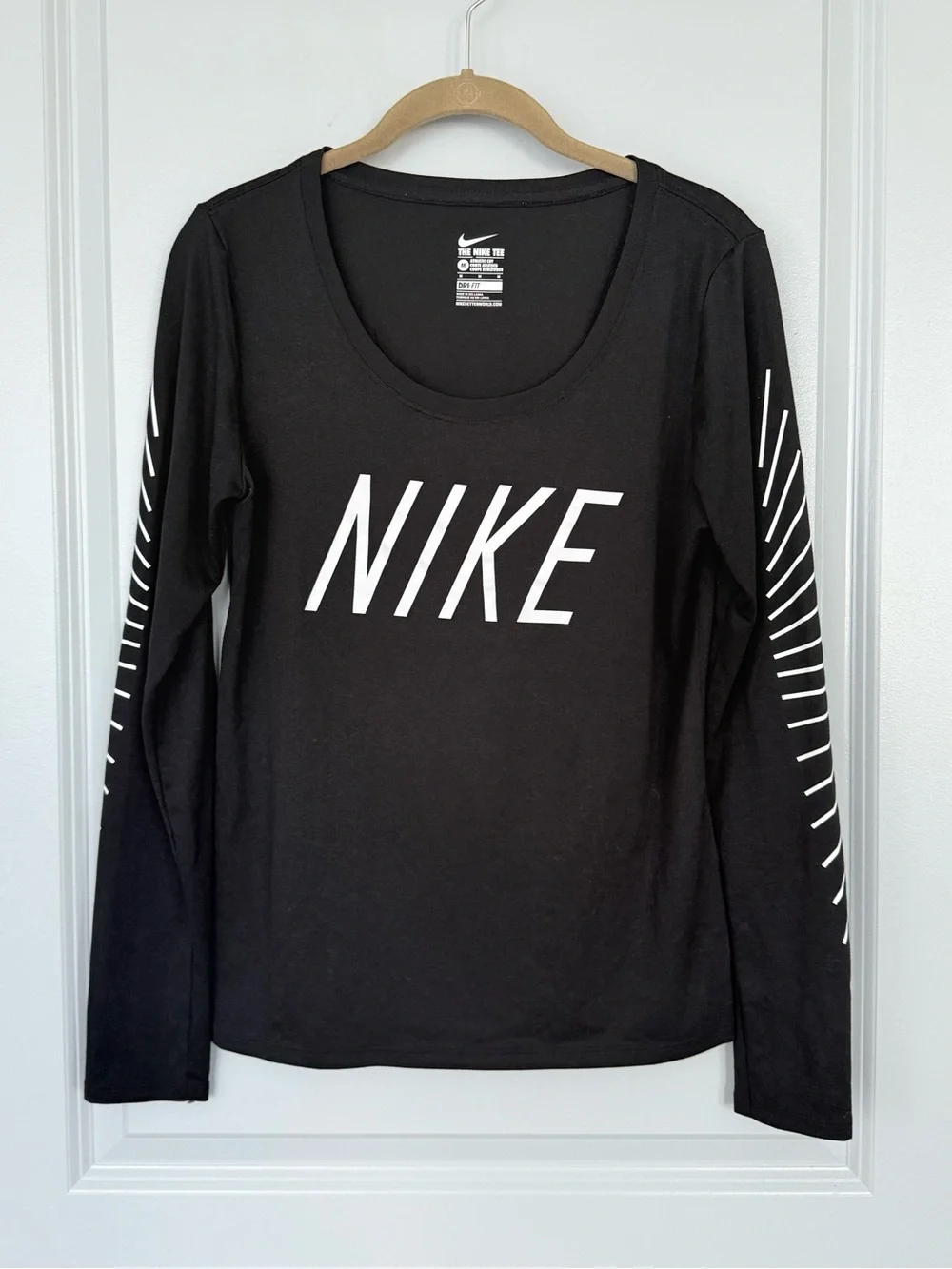 Nike Black Dri-FIT Long Sleeve Tee with White Logo and Sleeve Stripes